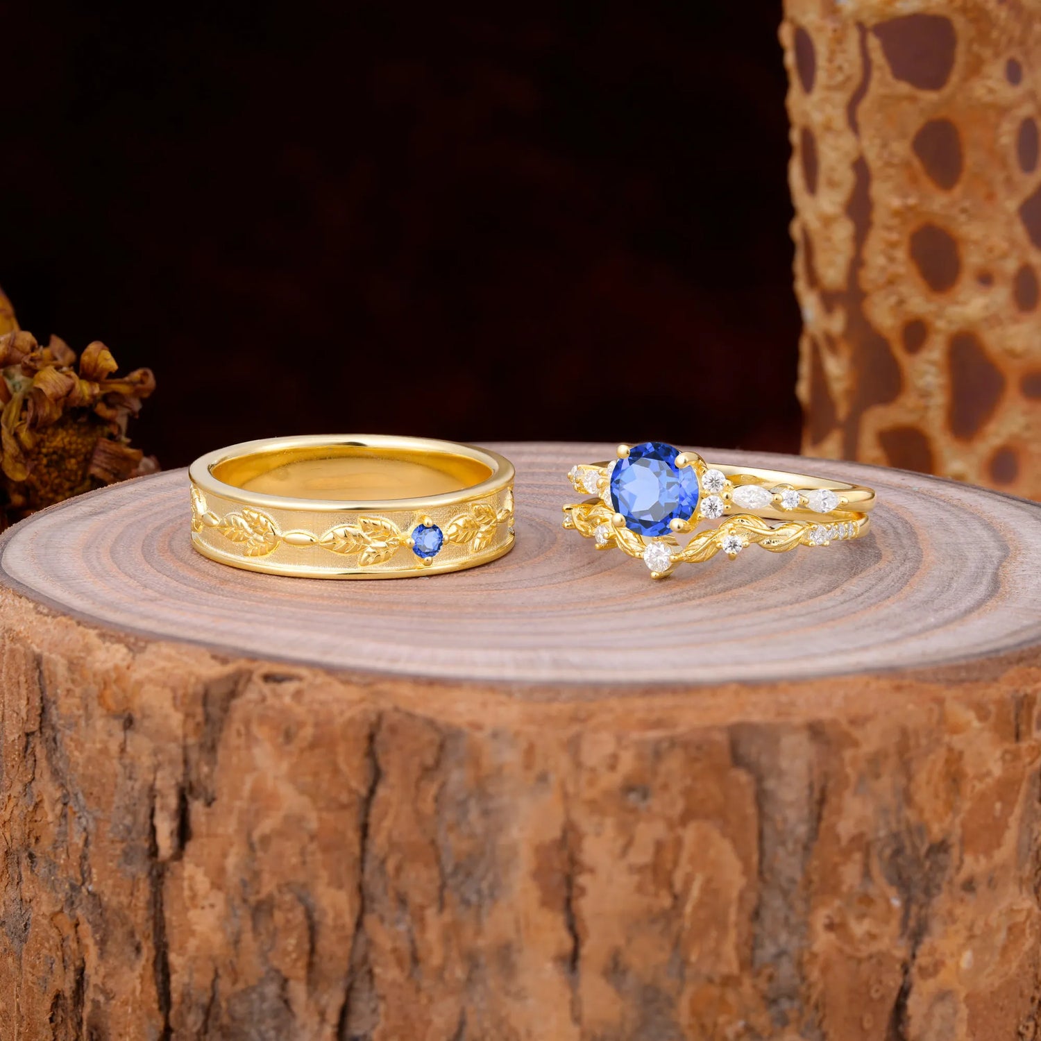 Unique Leaf Engraved Sapphire Couple Rings for Engagement