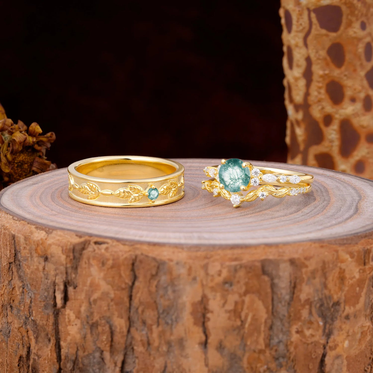 Unique Leaf Engraved Moss Agate Couple Rings for Engagement