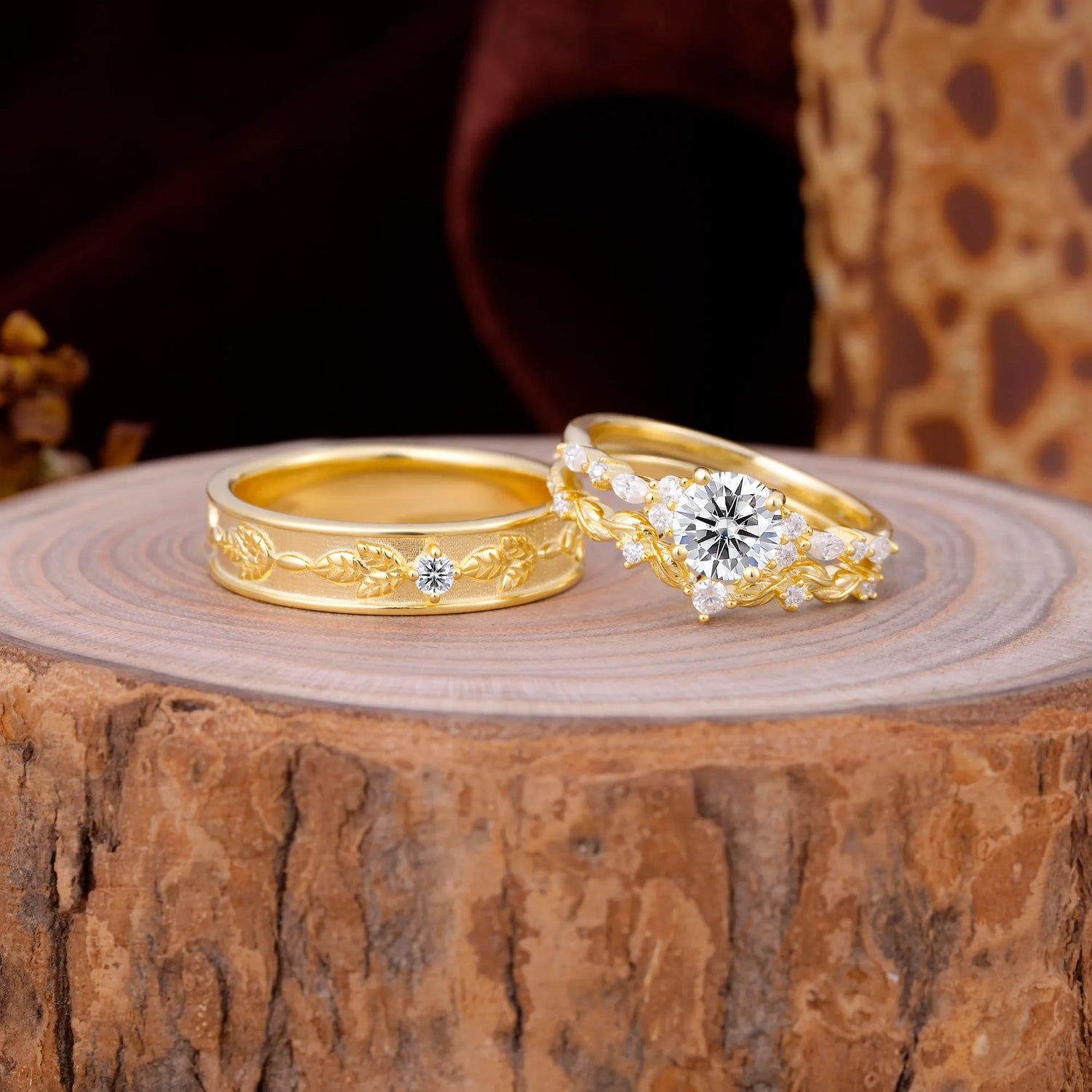 Unique Leaf Engraved Lab Diamond Couple Rings for Engagement