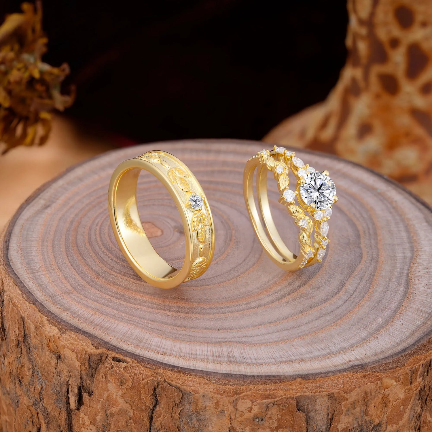 Unique Leaf Engraved Lab Diamond Couple Rings for Engagement