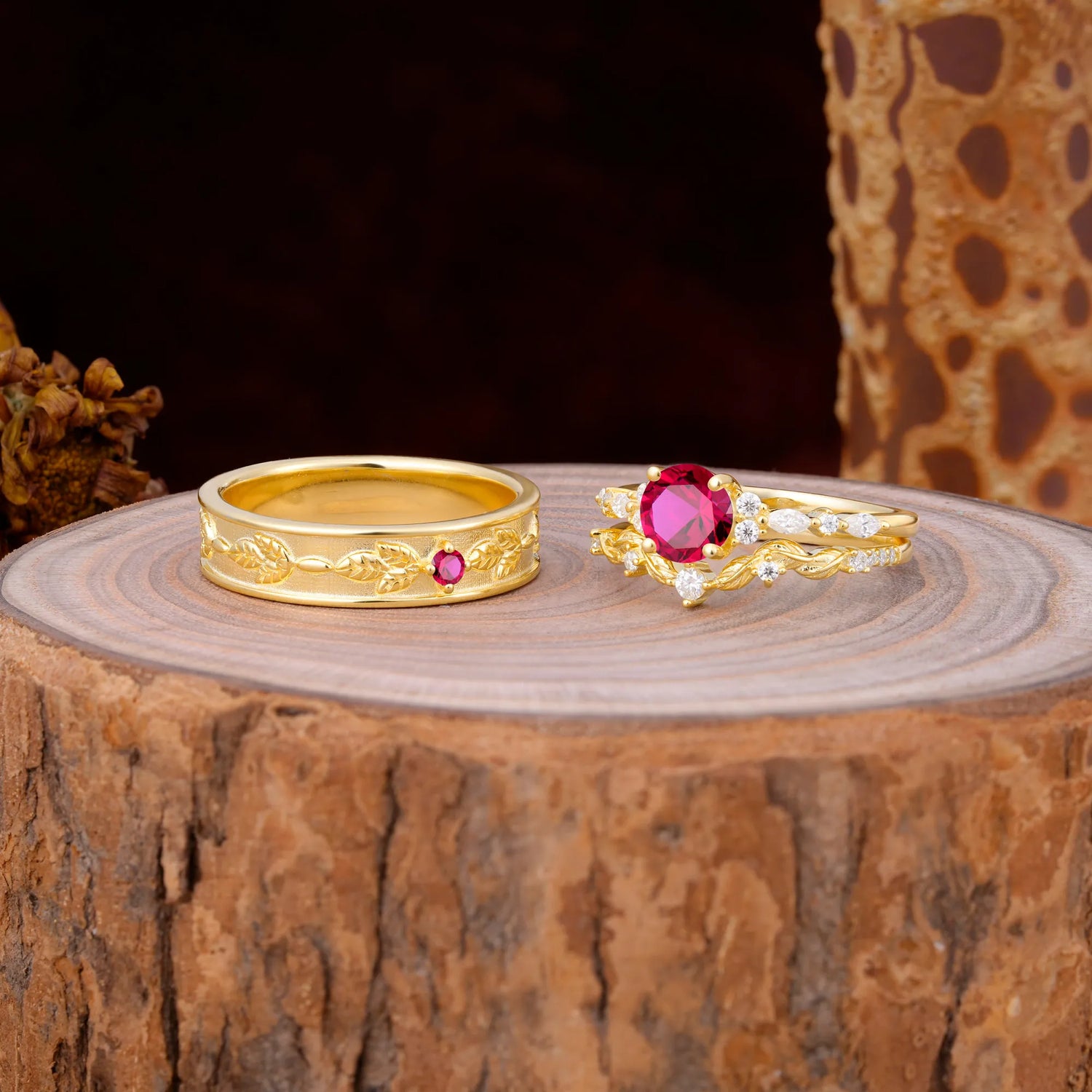 Unique Leaf Engraved Ruby Couple Rings for Engagement