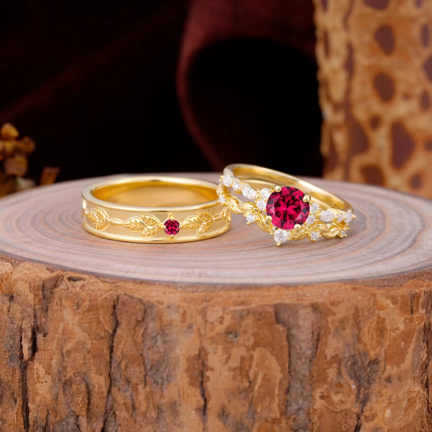 Unique Leaf Engraved Ruby Couple Rings for Engagement
