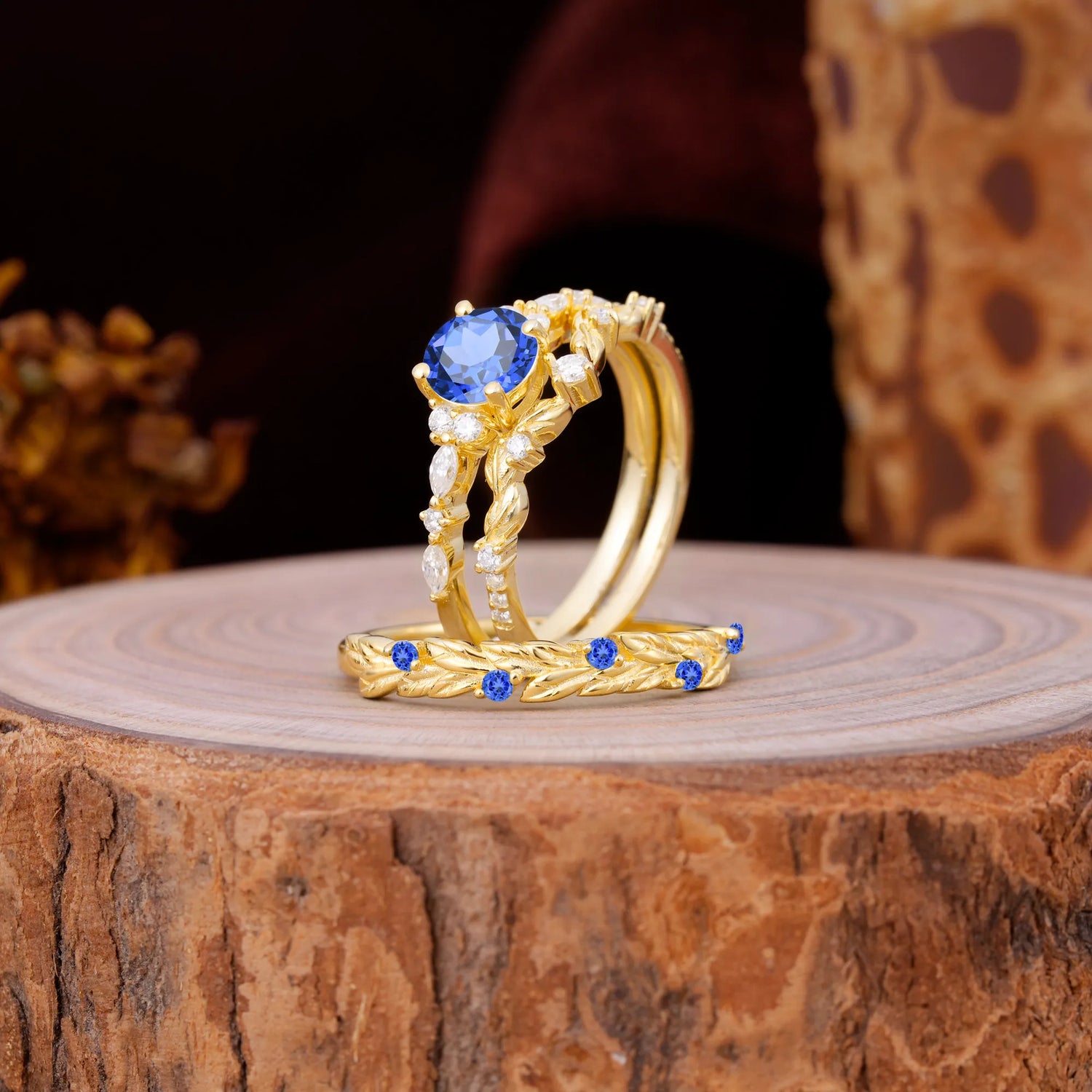 Leaf Motif Sapphire 3 Piece Bridal Ring Set with Matching Men's Band