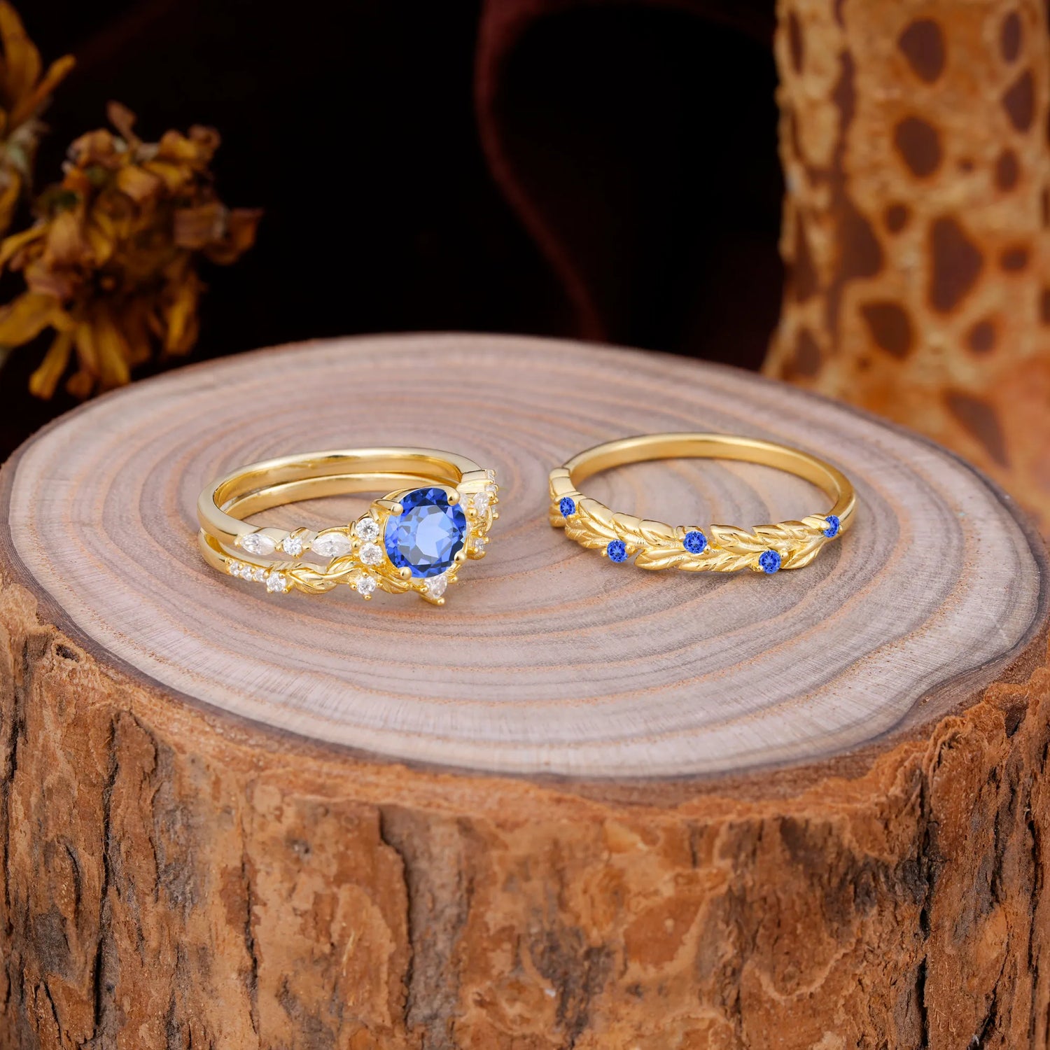 Leaf Motif Sapphire 3 Piece Bridal Ring Set with Matching Men's Band