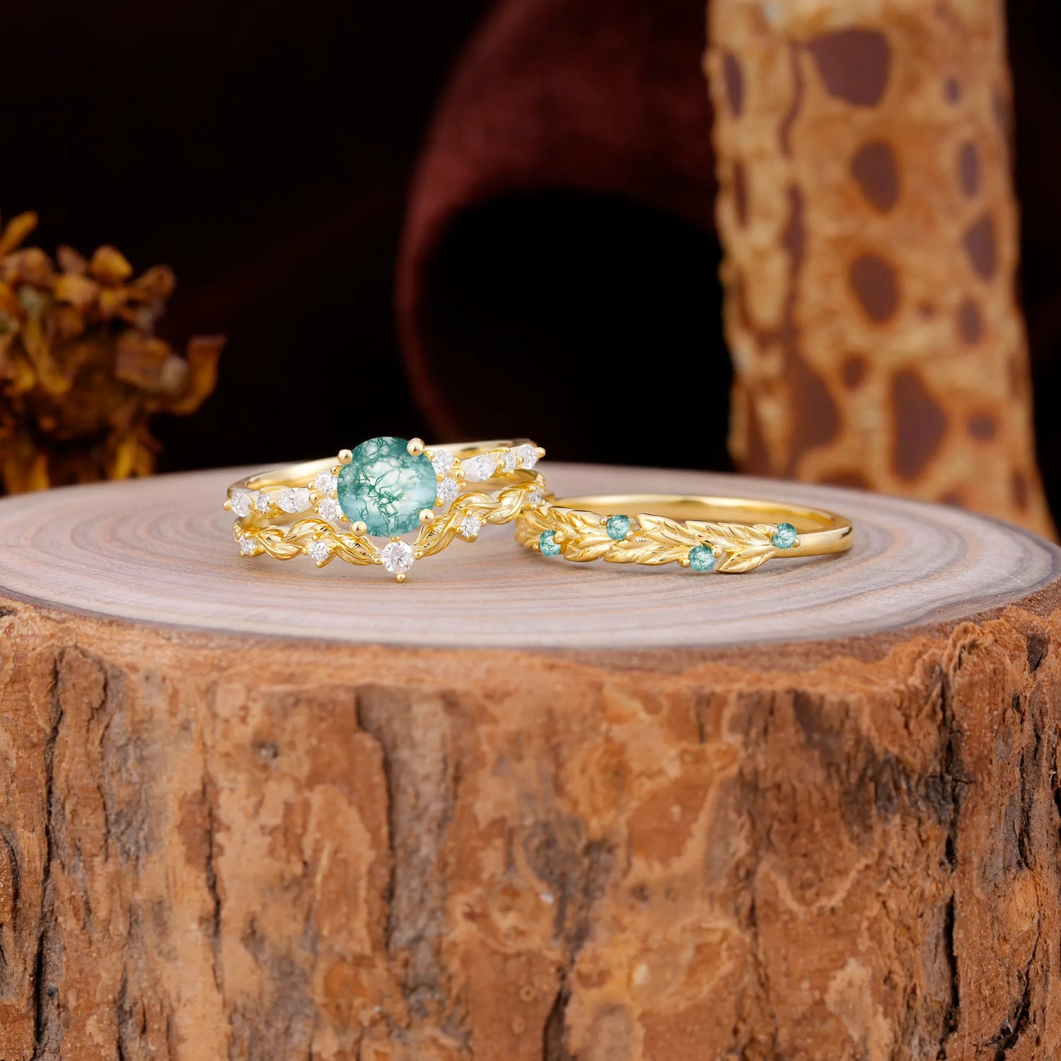 Leaf Motif Moss Agate 3 Piece Bridal Ring Set with Matching Men's Band
