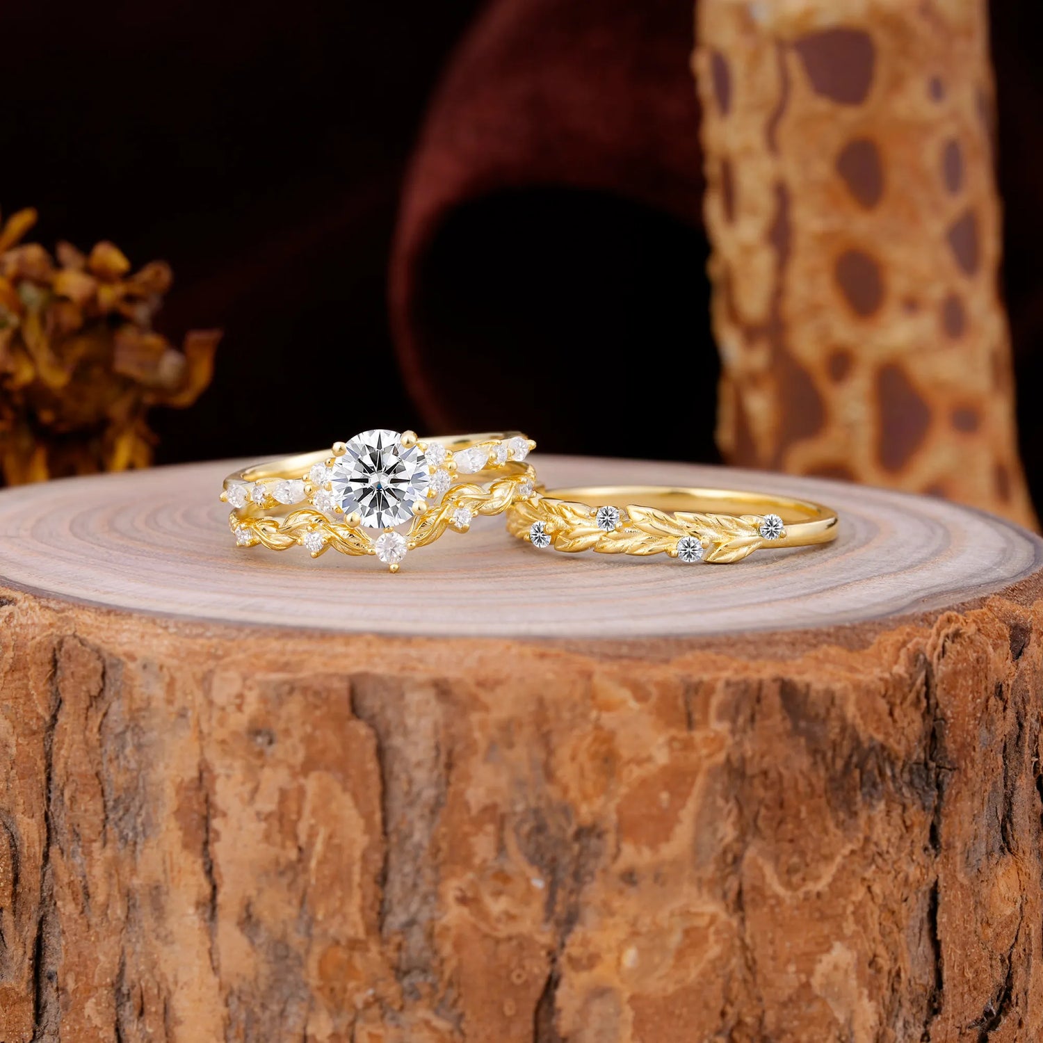 Leaf Motif Lab Diamond 3 Piece Bridal Ring Set with Matching Men's Band