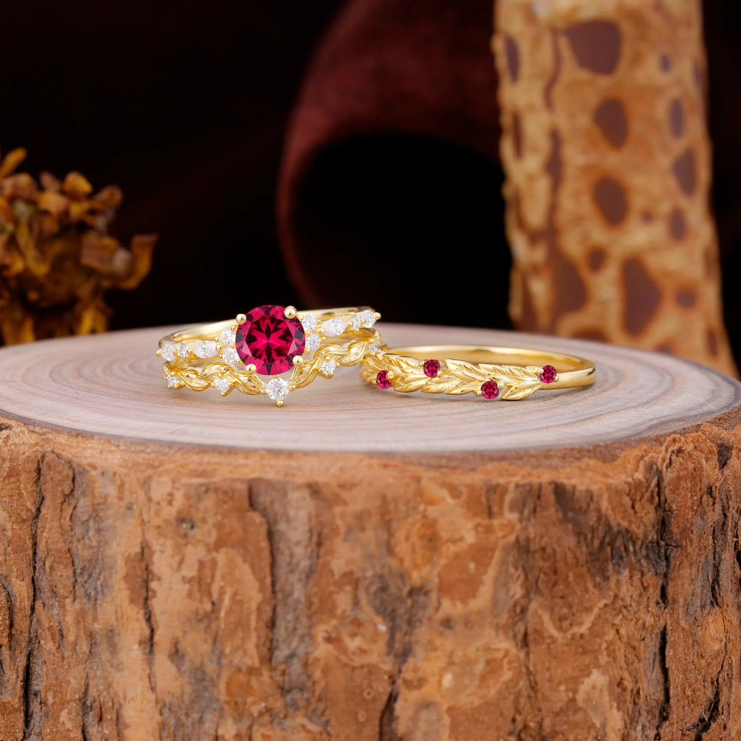 Leaf Motif Ruby 3 Piece Bridal Ring Set with Matching Men's Band