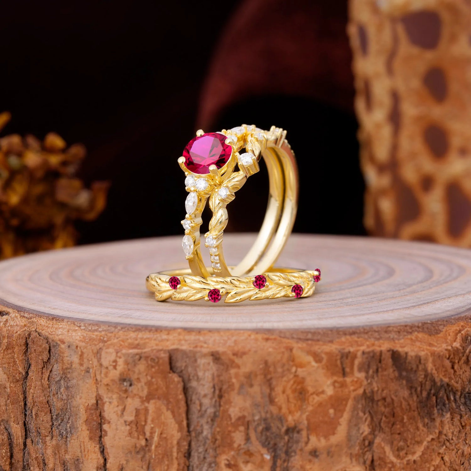 Leaf Motif Ruby 3 Piece Bridal Ring Set with Matching Men's Band