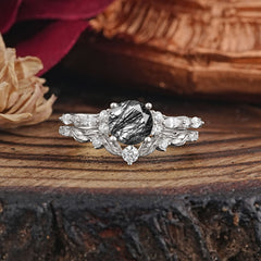 Vintage Botanical 4-Prong Round Cut Natural Black Rutilated Quartz Ring Set