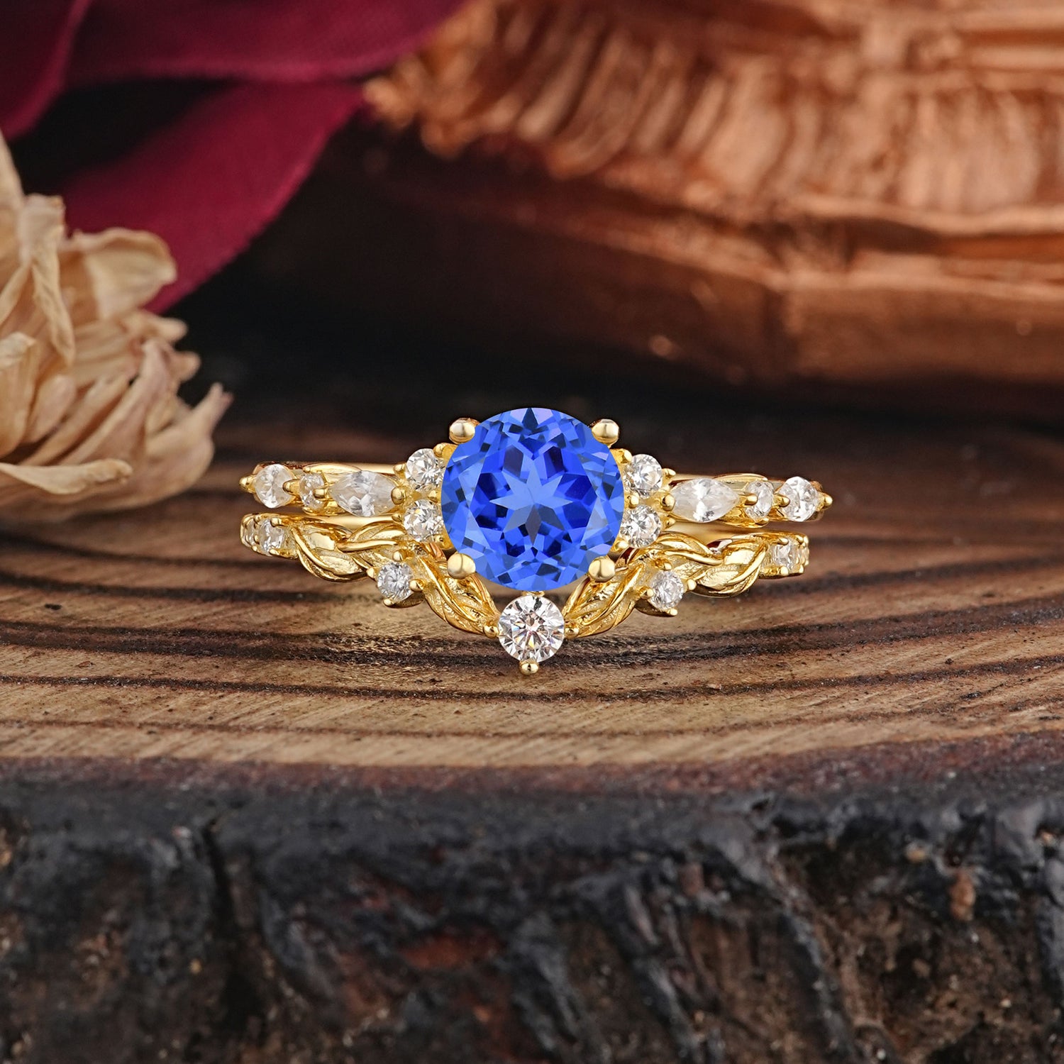 Vintage Botanical 4-Prong Round Cut Sapphire Bridal Ring Set