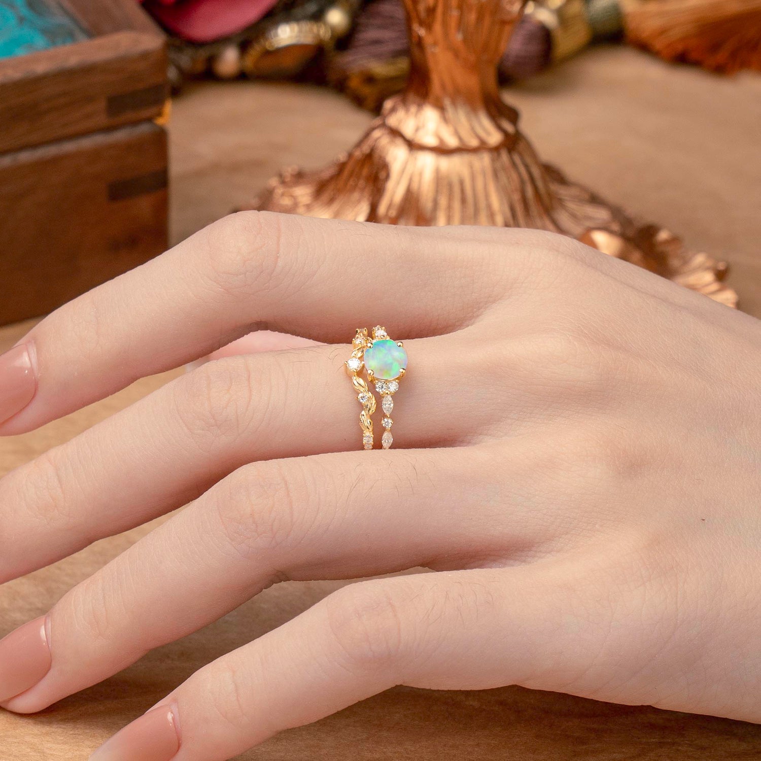 Vintage Botanical 4-Prong Round Cut Opal Bridal Ring Set