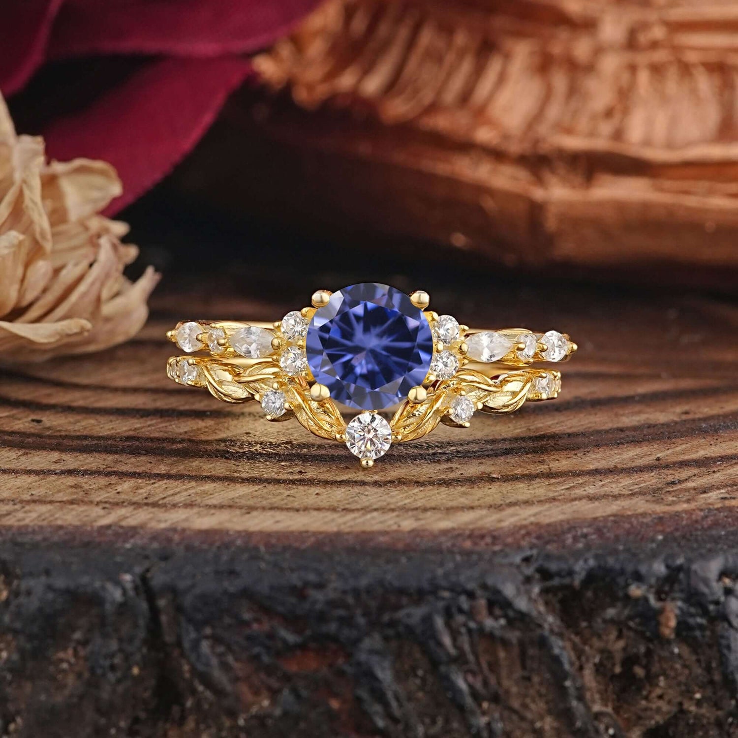 Vintage Botanical 4-Prong Round Cut Natural Tanzanite Bridal Ring Set