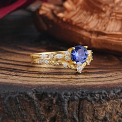 Vintage Botanical 4-Prong Round Cut Natural Tanzanite Ring Set