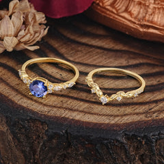 Vintage Botanical 4-Prong Round Cut Natural Tanzanite Ring Set