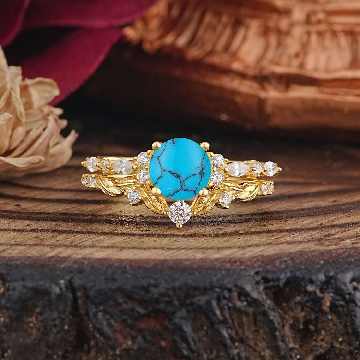 Vintage Botanical 4-Prong Round Cut Turquoise Bridal Ring Set