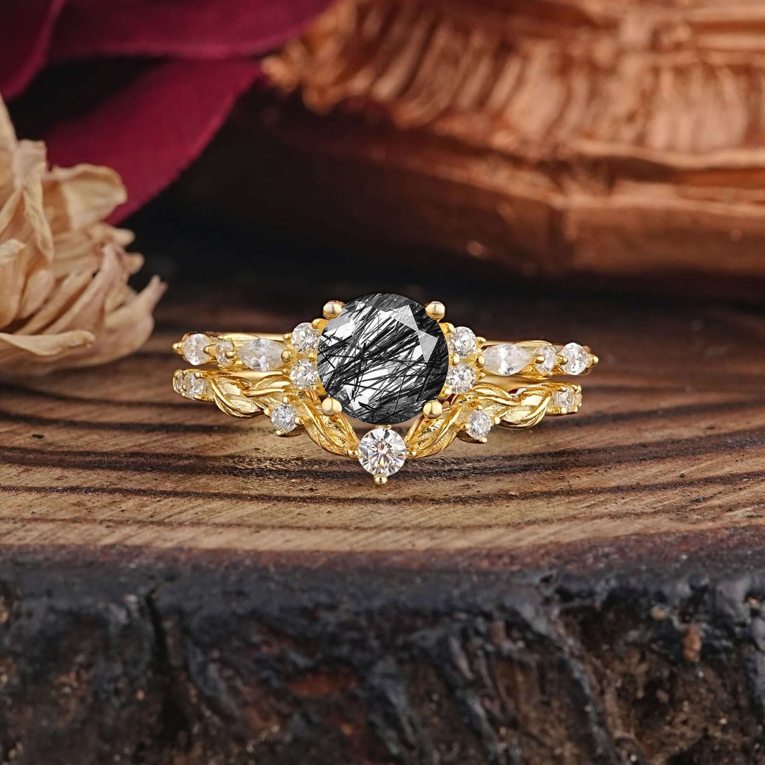 Vintage Botanical 4-Prong Round Cut Natural Black Rutilated Quartz Engagement Ring Set