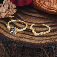 Vintage Botanical 4-Prong Round Cut Natural Black Rutilated Quartz Ring Set