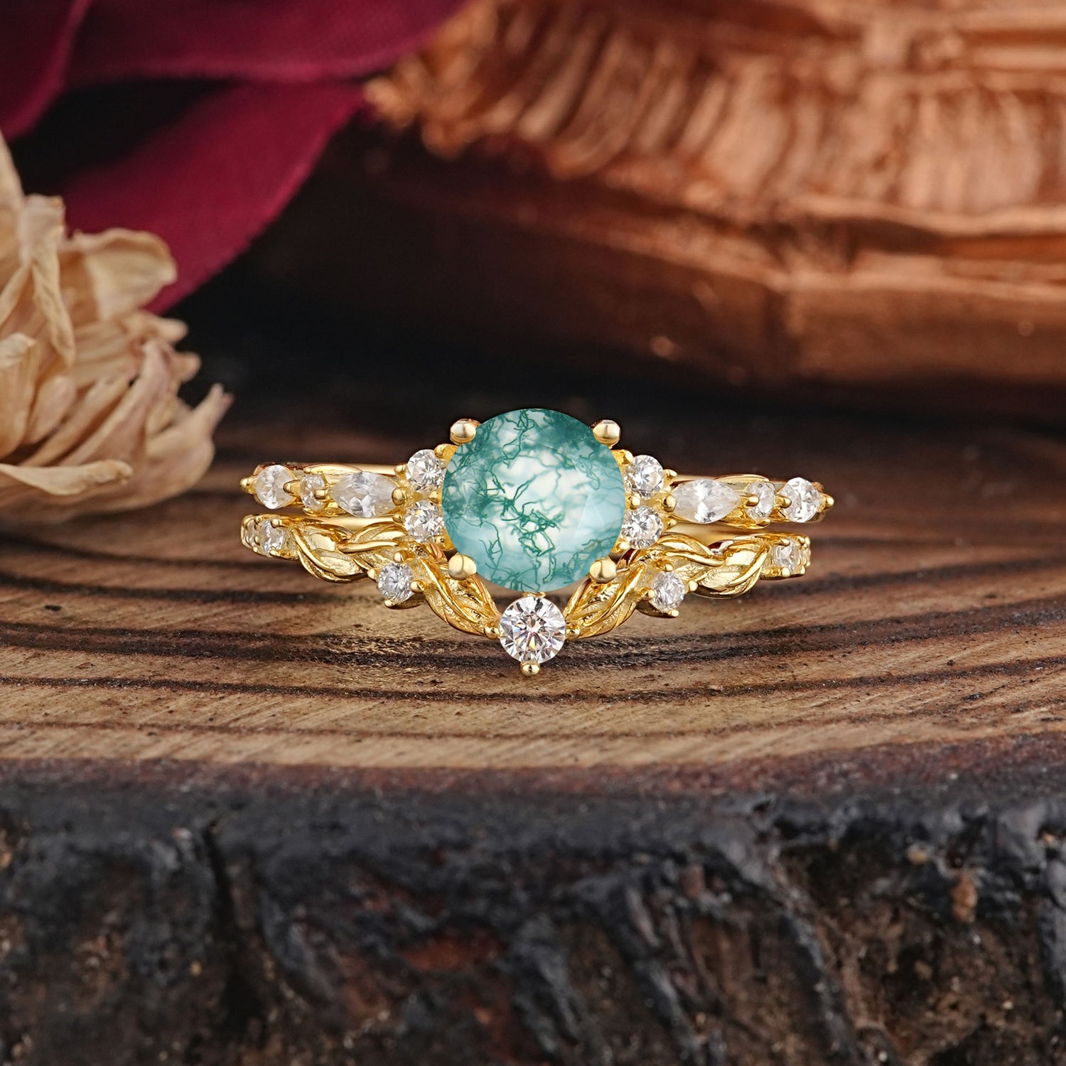 Vintage Botanical 4-Prong Round Cut Moss Agate Bridal Ring Set