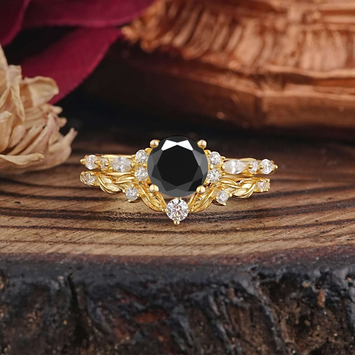 Vintage Botanical 4-Prong Round Cut Natural Black Onyx Bridal Ring Set