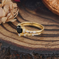 Vintage Botanical 4-Prong Round Cut Natural Black Onyx Ring Set