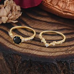 Vintage Botanical 4-Prong Round Cut Natural Black Onyx Ring Set