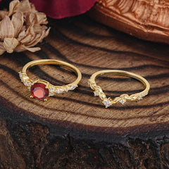 Vintage Botanical 4-Prong Round Cut Natural Garnet Ring Set