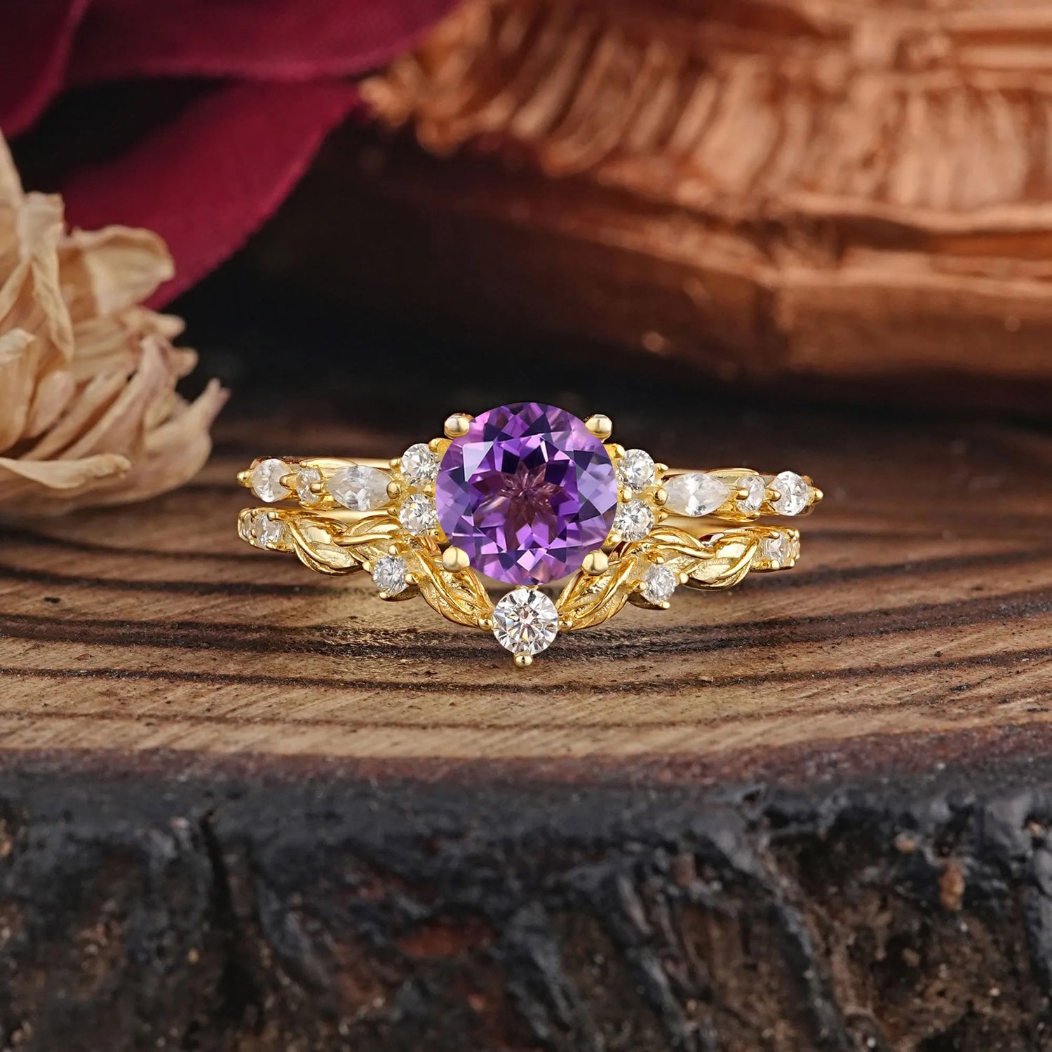 Vintage Botanical 4-Prong Round Cut Natural Amethyst Bridal Ring Set