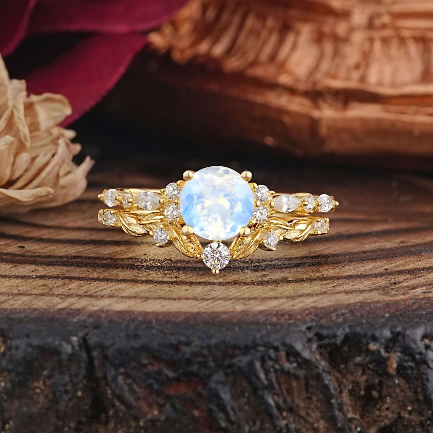 Vintage Botanical 4-Prong Round Cut Natural Moonstone Bridal Ring Set
