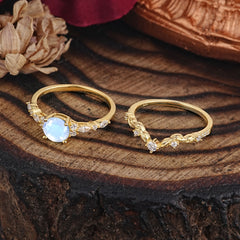 Vintage Botanical 4-Prong Round Cut Natural Moonstone Ring Set