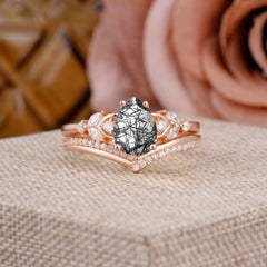 Luxurious Vintage-Inspired 4-Prong Pear-Cut Natural Black Rutilated Quartz Engagement Ring Set