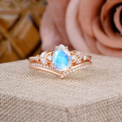 Luxurious Vintage-Inspired 4-Prong Pear-Cut Natural Moonstone Engagement Ring Set