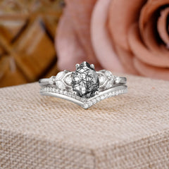 Luxurious Vintage-Inspired 4-Prong Pear-Cut Natural Black Rutilated Quartz Engagement Ring Set