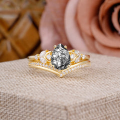 Luxurious Vintage-Inspired 4-Prong Pear-Cut Natural Black Rutilated Quartz Engagement Ring Set