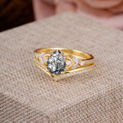 Luxurious Vintage-Inspired 4-Prong Pear-Cut Natural Black Rutilated Quartz Engagement Ring Set