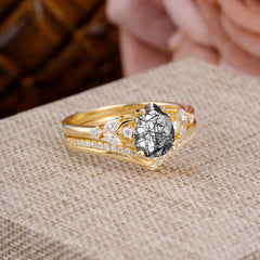 Luxurious Vintage-Inspired 4-Prong Pear-Cut Natural Black Rutilated Quartz Engagement Ring Set