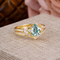 Luxurious Vintage-Inspired 4-Prong Tear-Cut Natural Moss Agate Engagement Ring Set