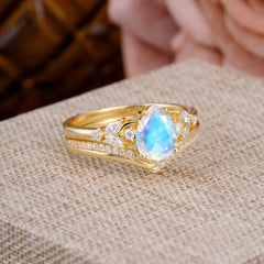 Luxurious Vintage-Inspired 4-Prong Pear-Cut Natural Moonstone Engagement Ring Set