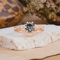 Classic 6-Prong Hexagonal-Cut Black Rutilated Quartz Engagement Ring Set