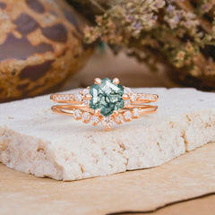 Classic 6-Prong Hexagonal-Cut Moss Agate Engagement Ring Set