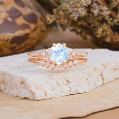 Classic 6-Prong Hexagonal-Cut Moonstone Engagement Ring Set