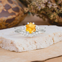 Classic 6-Prong Hexagonal-Cut Citrine Engagement Ring Set