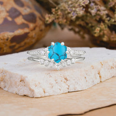 Classic 6-Prong Hexagonal-Cut Turquoise Engagement Ring Set