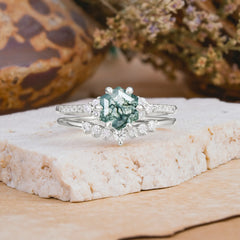 Classic 6-Prong Hexagonal-Cut Moss Agate Engagement Ring Set