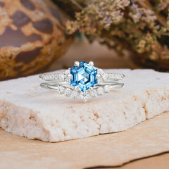 Classic 6-Prong Hexagonal-Cut Aquamarine Engagement Ring Set