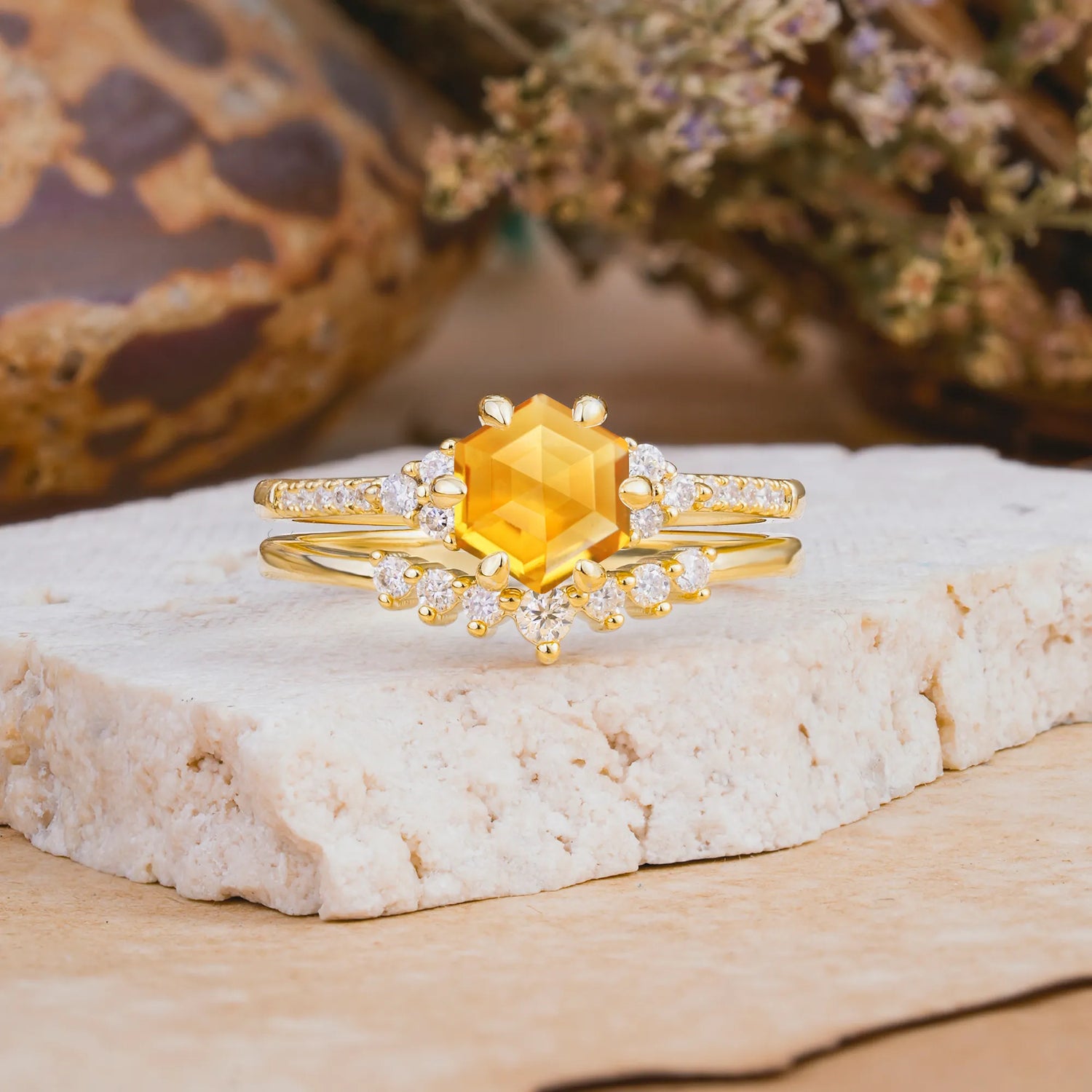 Classic 6-Prong Hexagonal-Cut Citrine Engagement Ring Set