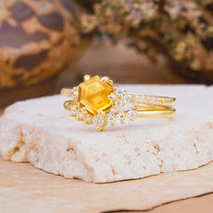 Classic 6-Prong Hexagonal-Cut Citrine Engagement Ring Set