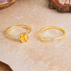 Classic 6-Prong Hexagonal-Cut Citrine Engagement Ring Set