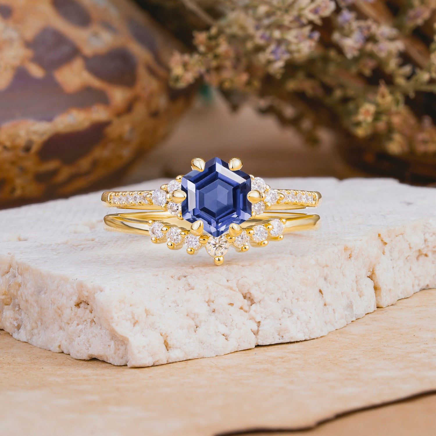 Classic 6-Prong Hexagonal-Cut Tanzanite Engagement Ring Set