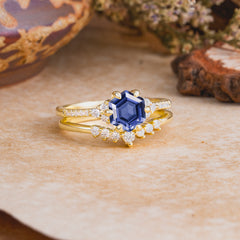 Classic 6-Prong Hexagonal-Cut Tanzanite Engagement Ring Set