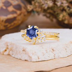 Classic 6-Prong Hexagonal-Cut Tanzanite Engagement Ring Set